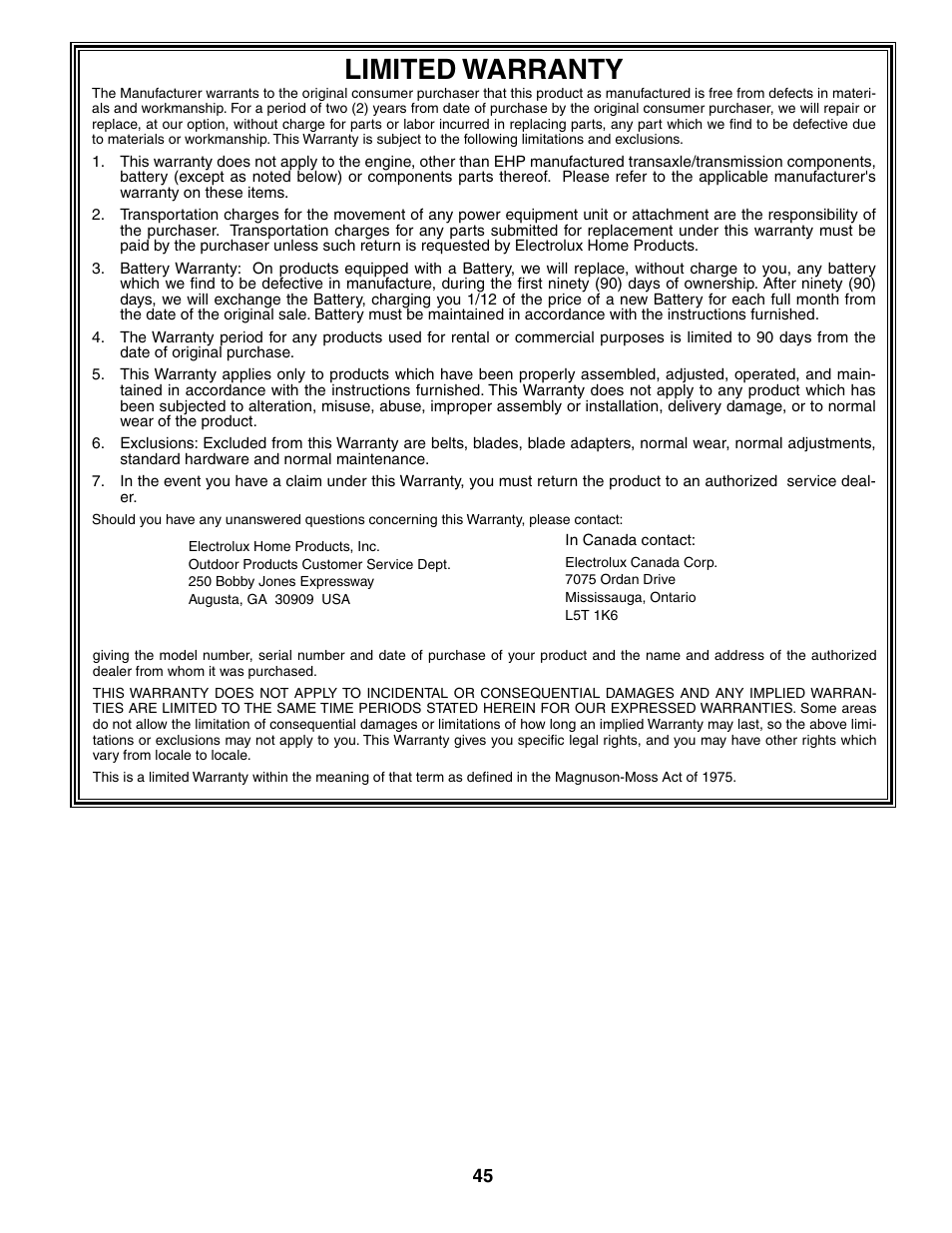 Limited warranty | Weed Eater WET1742STB User Manual | Page 27 / 30