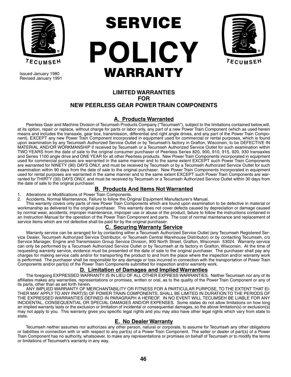 Policy, Service, Warranty | Weed Eater WET1742STB User Manual | Page 28 / 30
