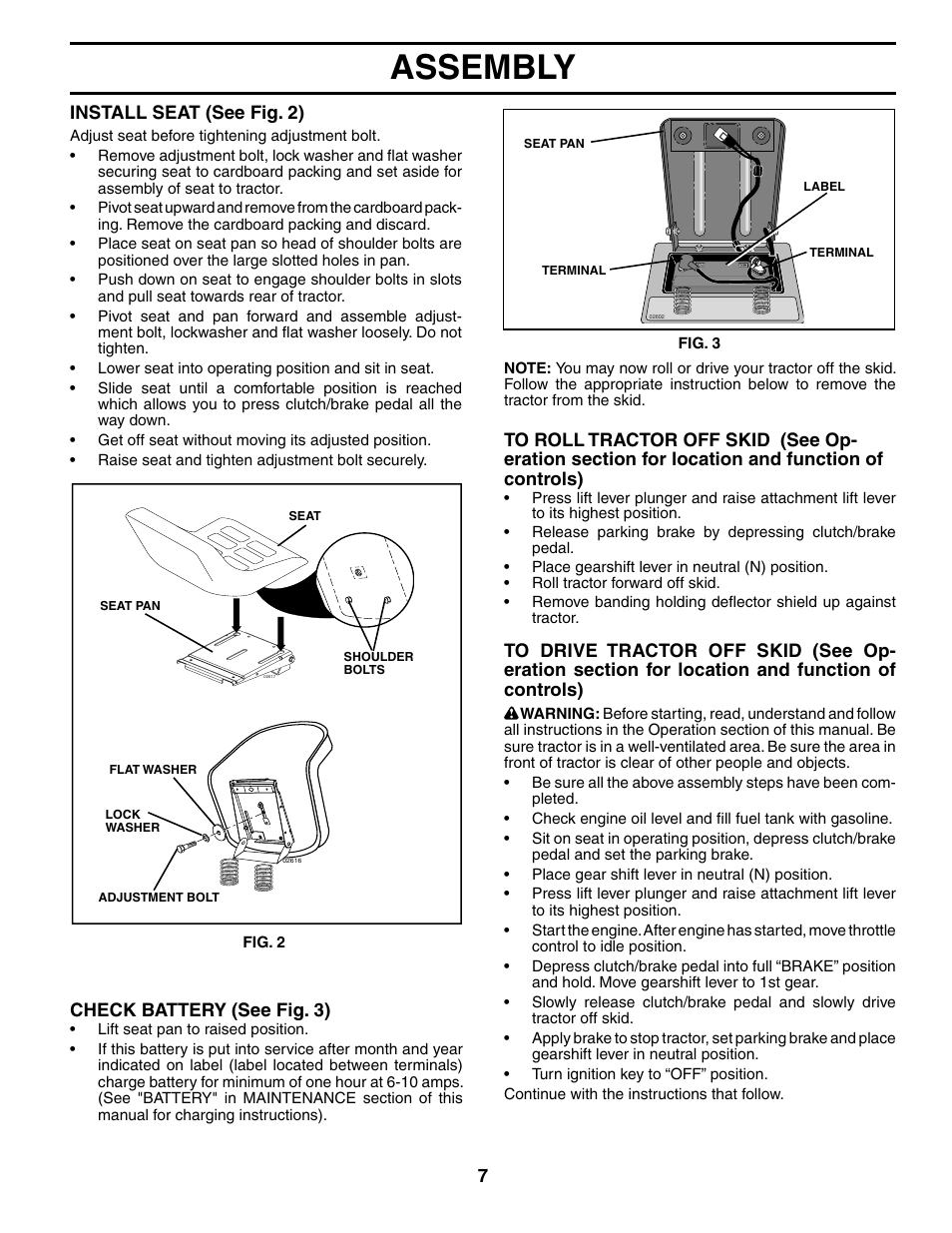 Assembly, Check battery (see fig. 3), Install seat (see fig. 2) | Weed Eater WET1742STB User Manual | Page 7 / 30