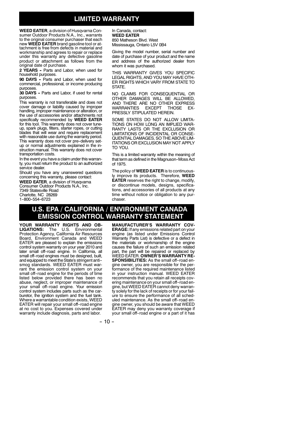 Limited warranty | Weed Eater 952711803 User Manual | Page 10 / 11