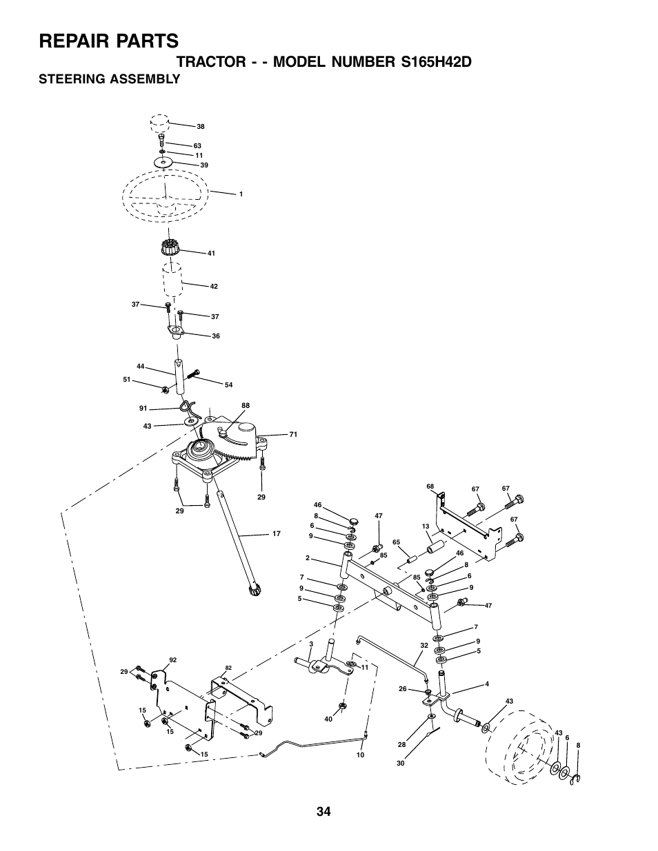 Repair parts, Steering assembly | Weed Eater S165H42D User Manual | Page 34 / 44