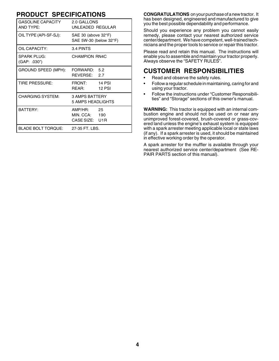 Product specifications, Customer responsibilities | Weed Eater S165H42D User Manual | Page 4 / 44