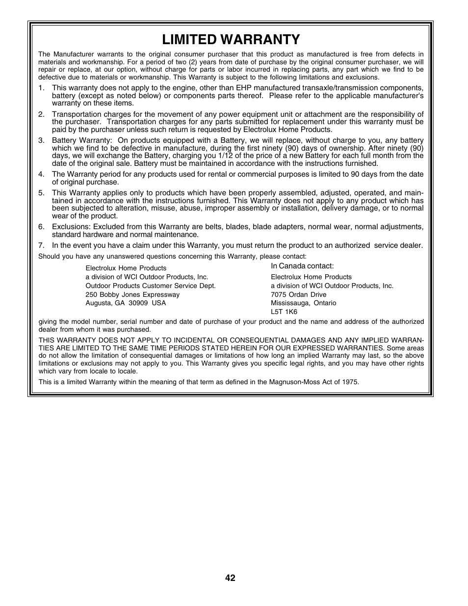 Limited warranty | Weed Eater S165H42D User Manual | Page 42 / 44