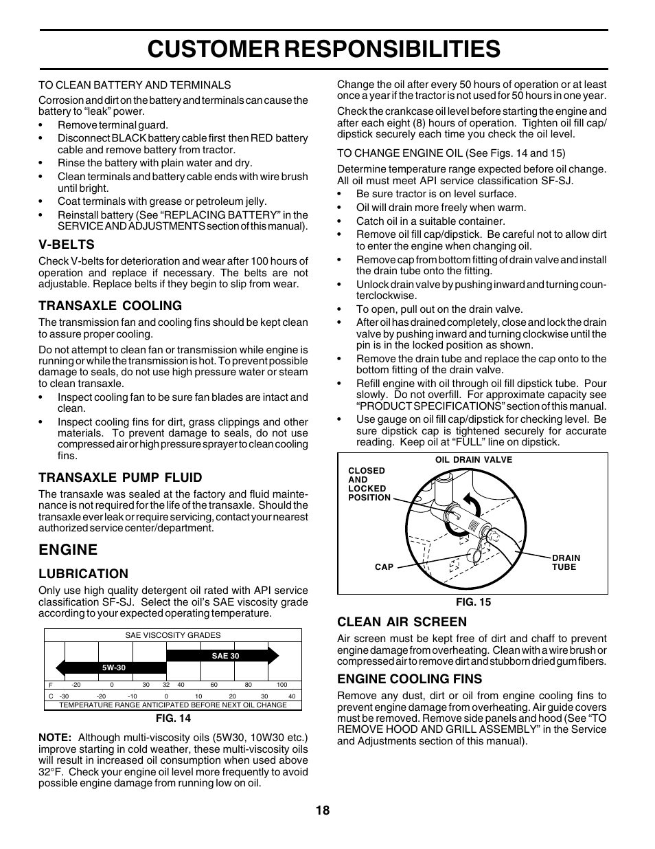 Customer responsibilities, Engine, 18 engine cooling fins | Clean air screen, Lubrication, V-belts, Transaxle cooling, Transaxle pump fluid | Weed Eater 178387 User Manual | Page 18 / 48