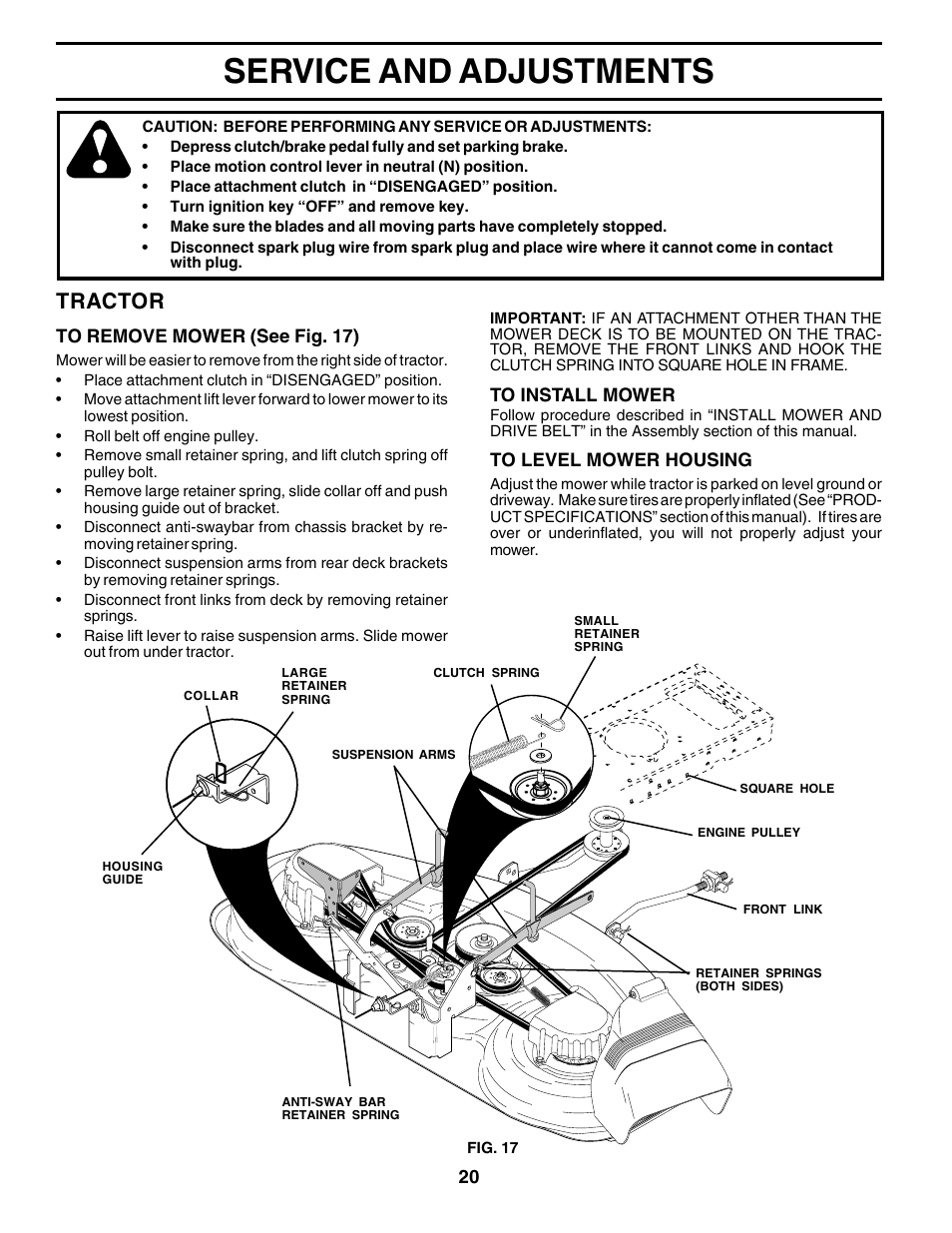 Service and adjustments, Tractor | Weed Eater 178387 User Manual | Page 20 / 48