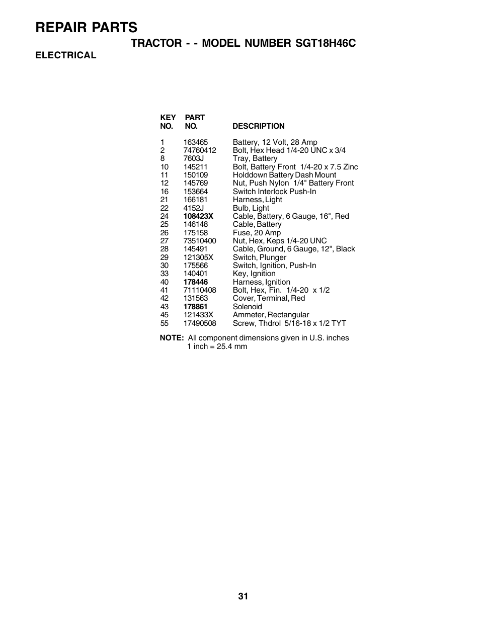 Repair parts, Tractor - - model number sgt18h46c | Weed Eater 178387 User Manual | Page 31 / 48