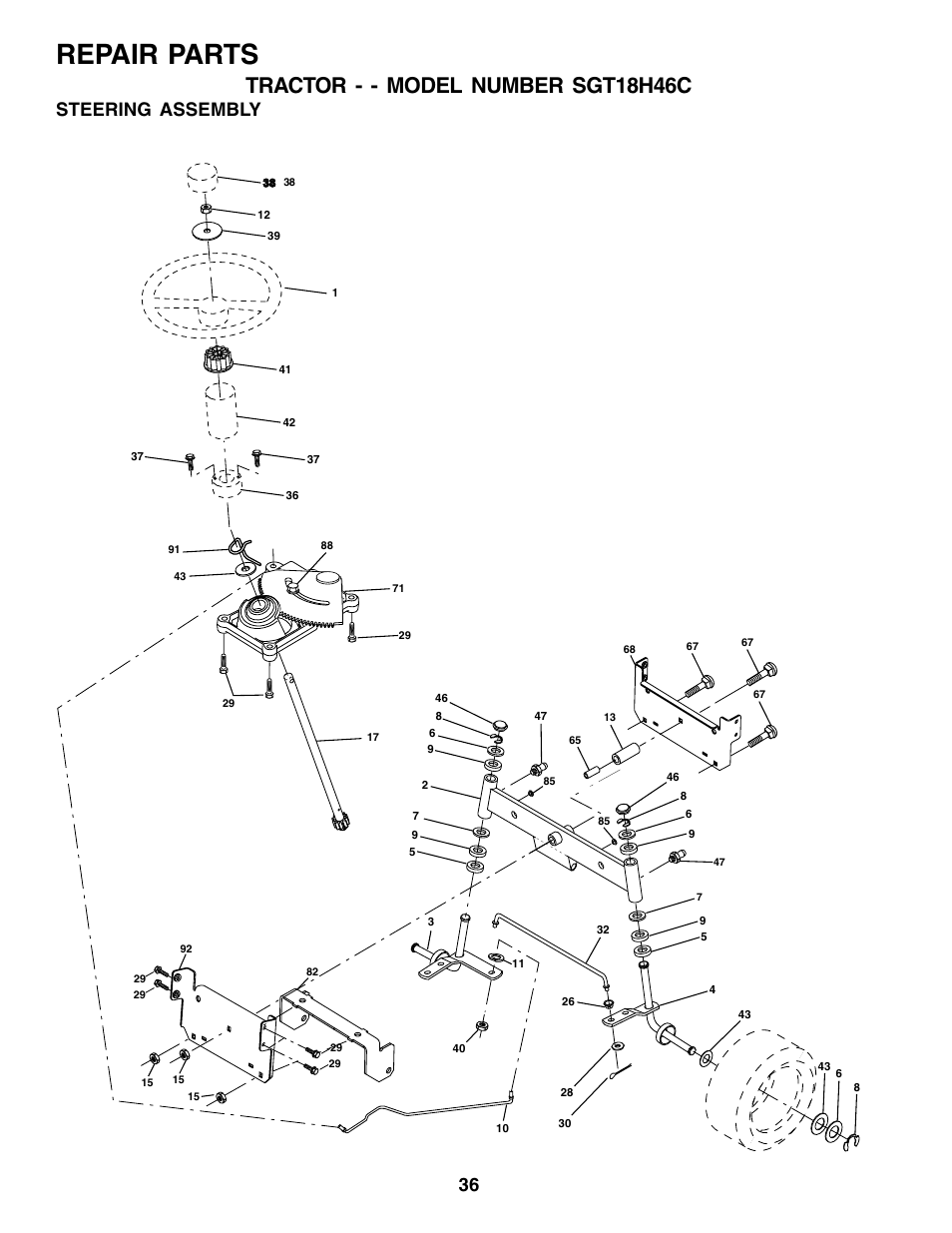 Repair parts, Tractor - - model number sgt18h46c, Steering assembly | Weed Eater 178387 User Manual | Page 36 / 48