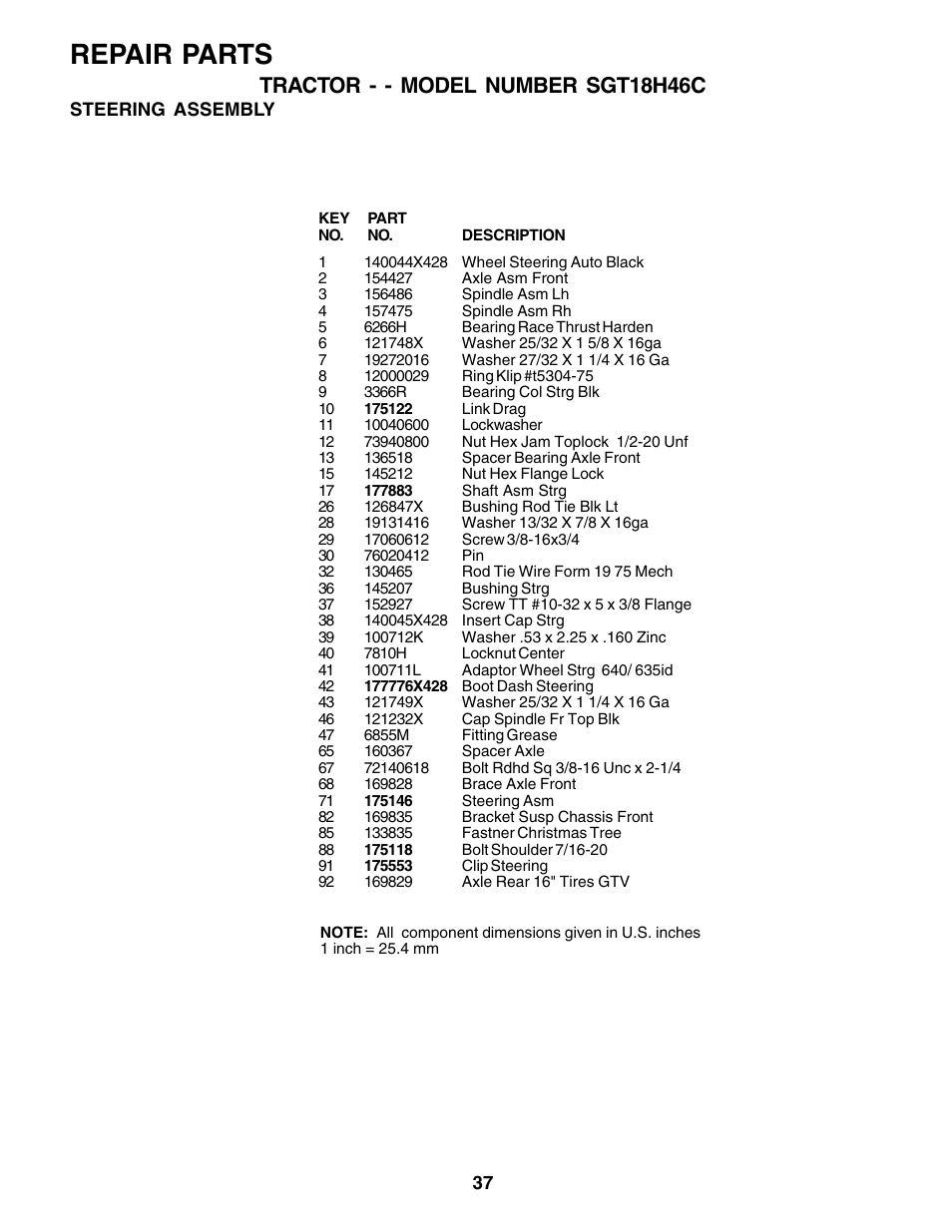Repair parts, Tractor - - model number sgt18h46c | Weed Eater 178387 User Manual | Page 37 / 48
