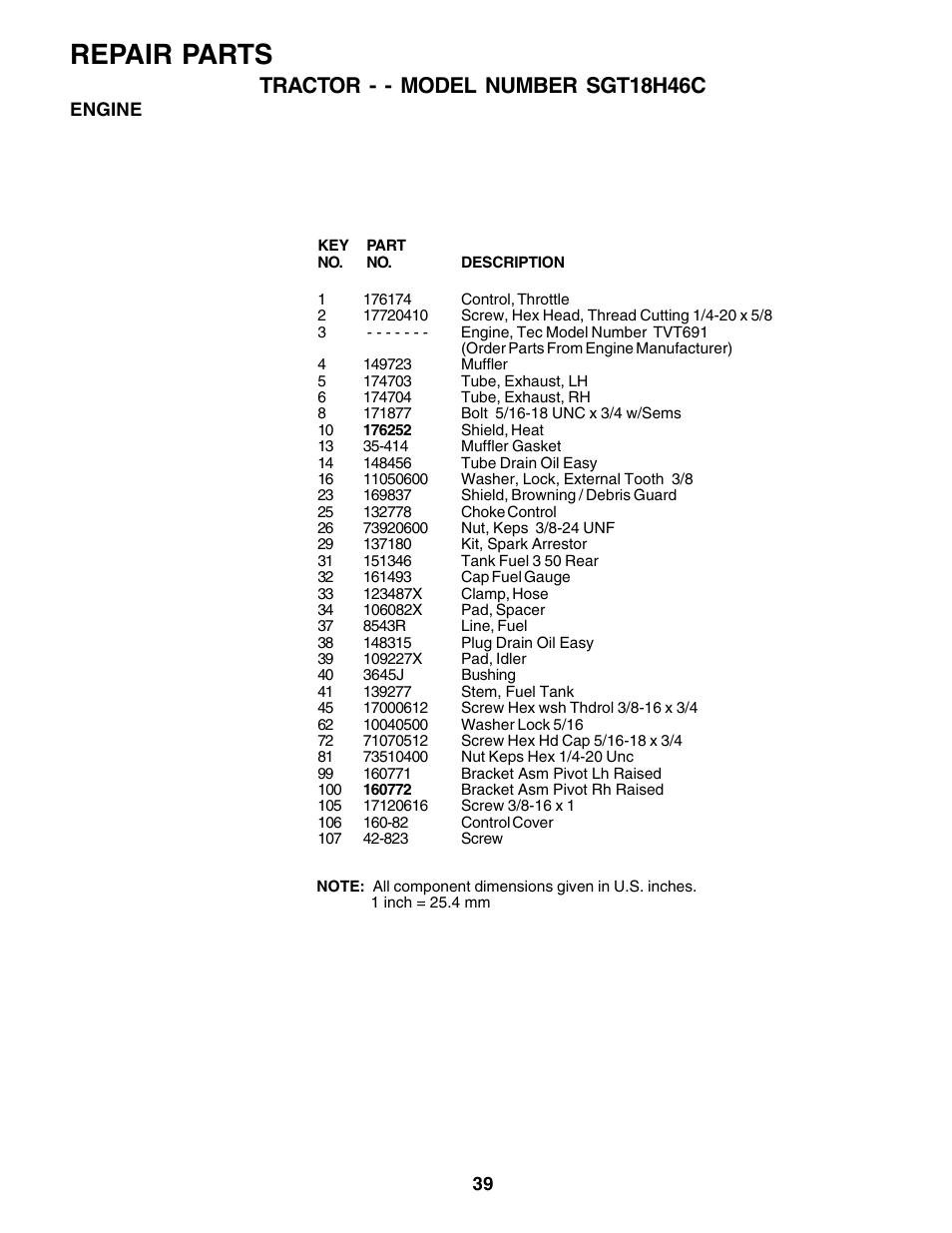 Repair parts, Tractor - - model number sgt18h46c | Weed Eater 178387 User Manual | Page 39 / 48