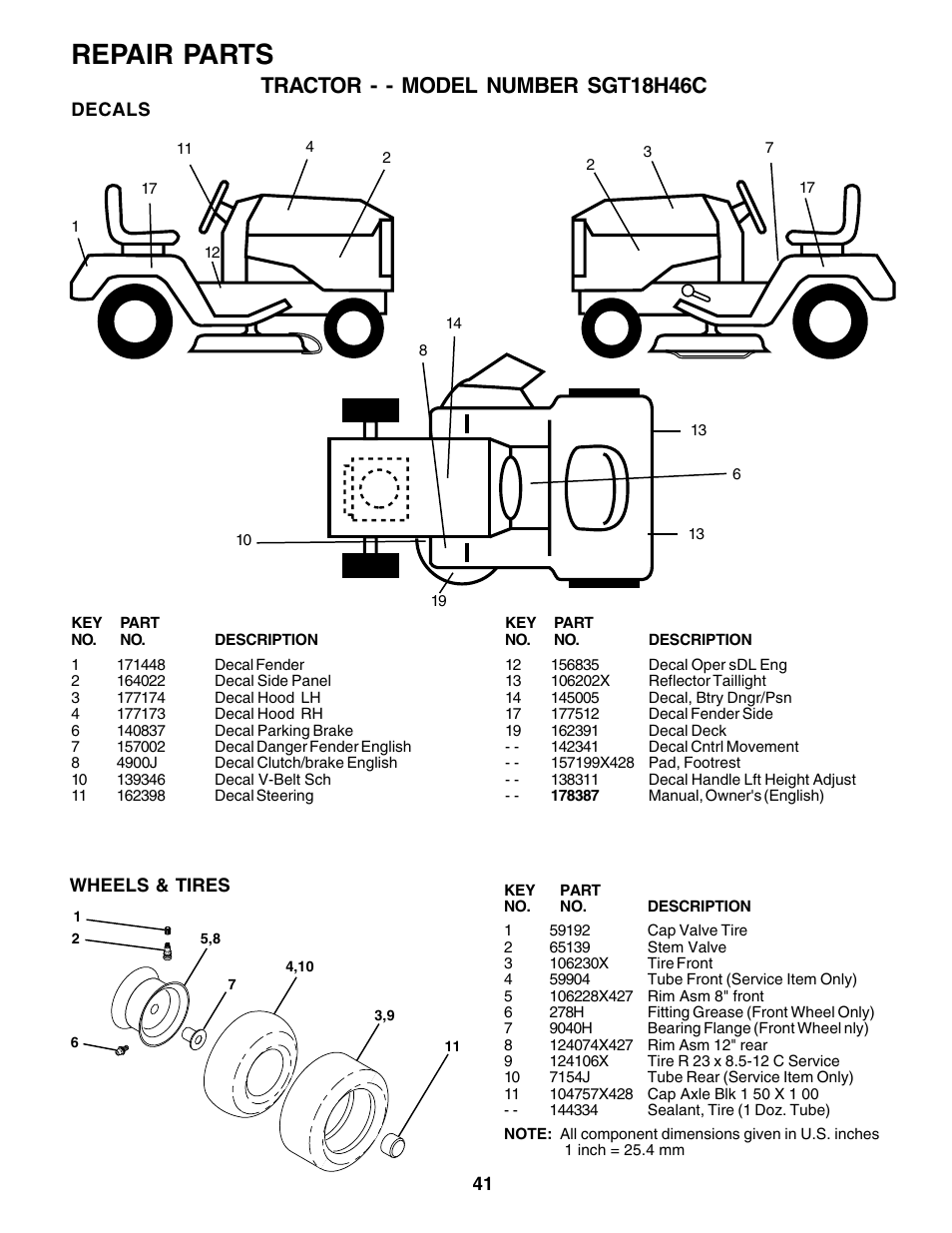 Repair parts, Tractor - - model number sgt18h46c | Weed Eater 178387 User Manual | Page 41 / 48
