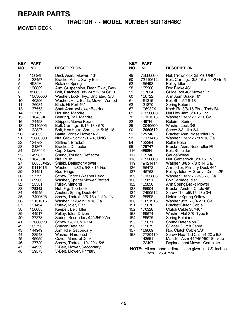 Repair parts, Tractor - - model number sgt18h46c | Weed Eater 178387 User Manual | Page 45 / 48