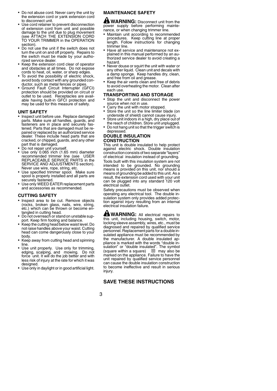 Warning, Save these instructions | Weed Eater 966048001 User Manual | Page 3 / 10