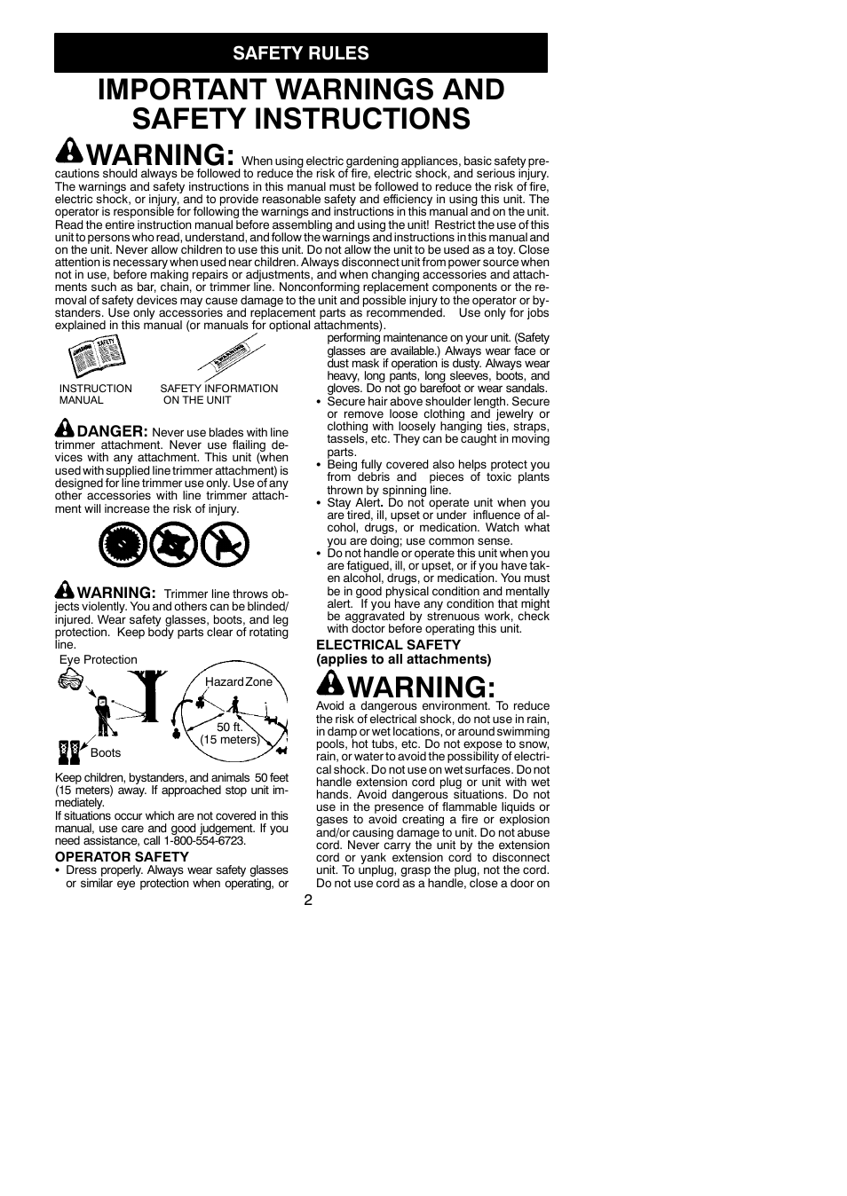 Important warnings and safety instructions warning, Warning, Safety rules | Weed Eater 952711970 User Manual | Page 2 / 16