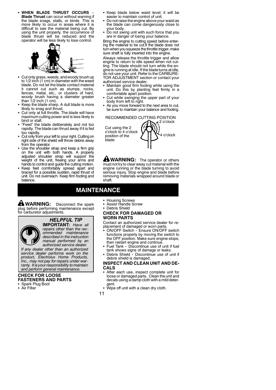 Maintenance, Warning, Helpful tip | Weed Eater BC3150 User Manual | Page 11 / 16