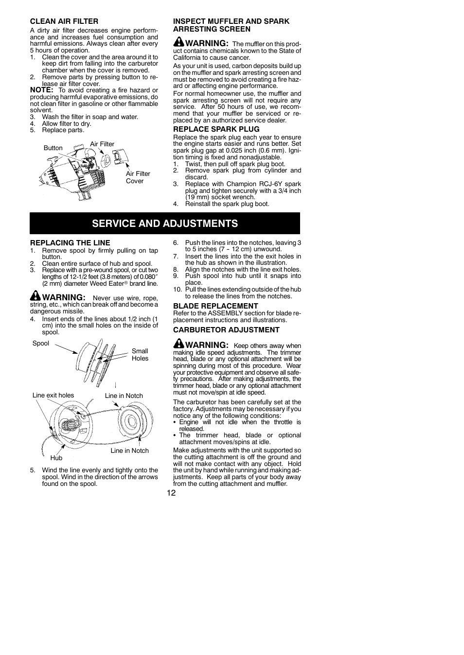 Service and adjustments, Warning | Weed Eater BC3150 User Manual | Page 12 / 16