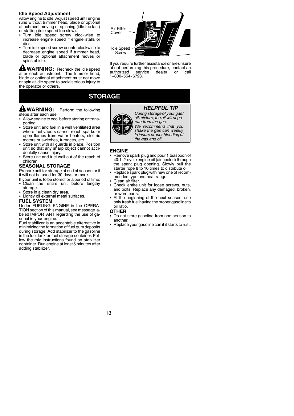 Storage, Warning, Helpful tip | Weed Eater BC3150 User Manual | Page 13 / 16