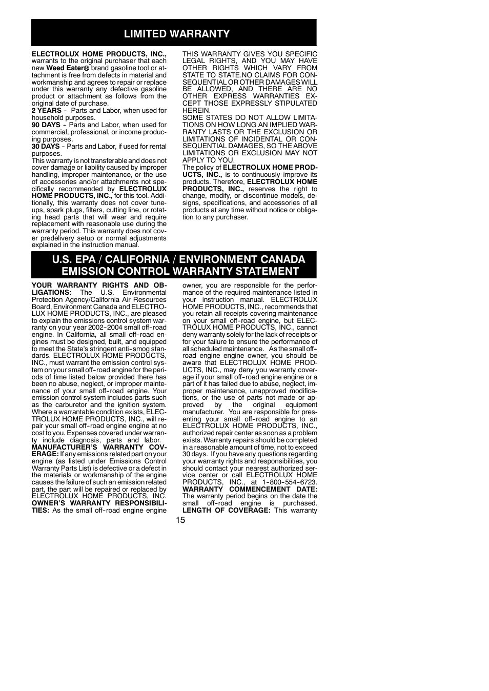 Limited warranty | Weed Eater BC3150 User Manual | Page 15 / 16