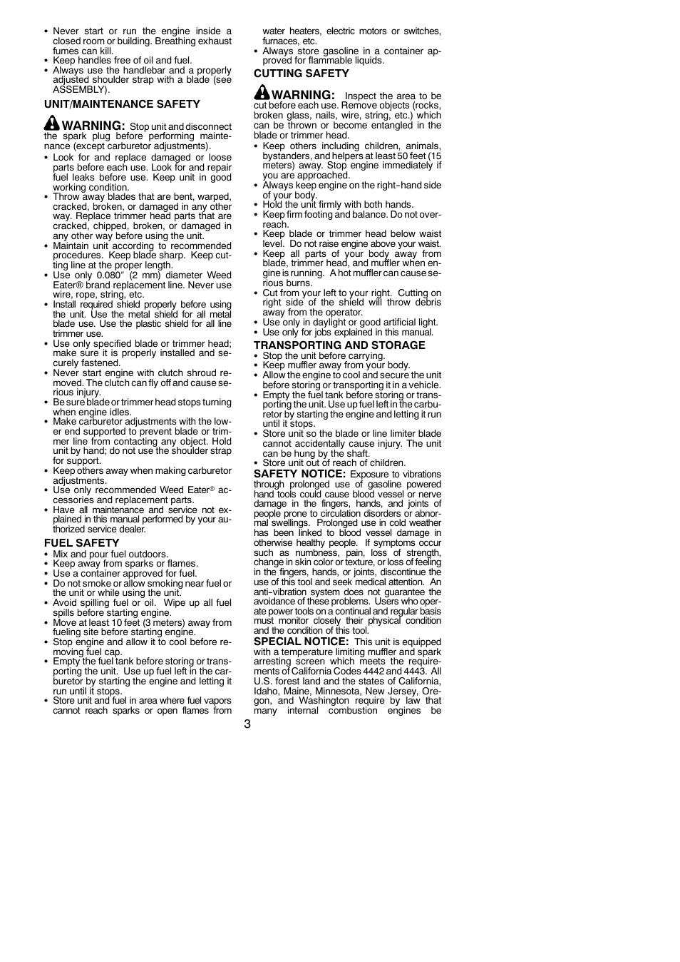 Warning | Weed Eater BC3150 User Manual | Page 3 / 16