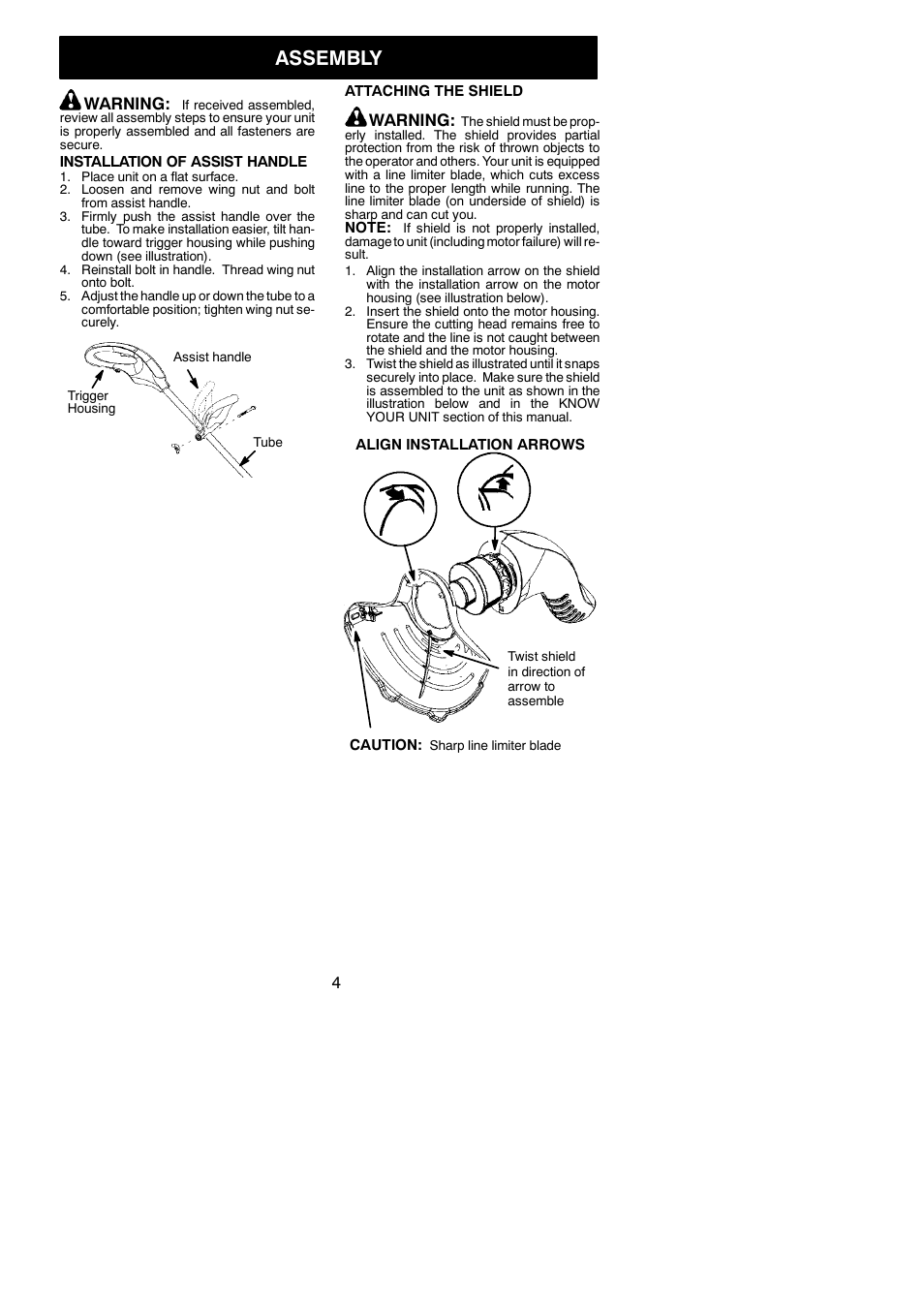 Assembly, Warning | Weed Eater 952711708 User Manual | Page 4 / 9