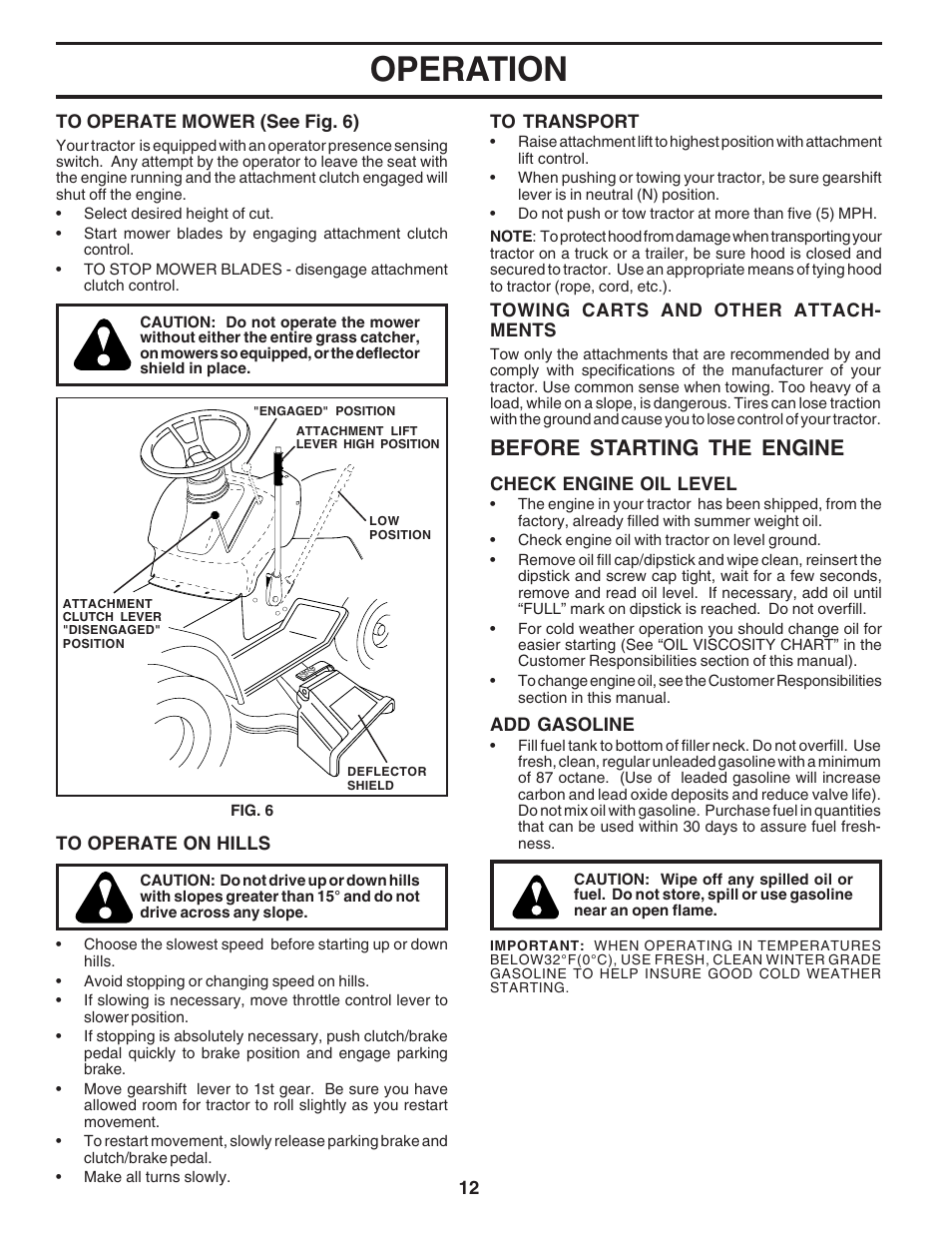 Operation, Before starting the engine | Weed Eater 182983 User Manual | Page 12 / 48