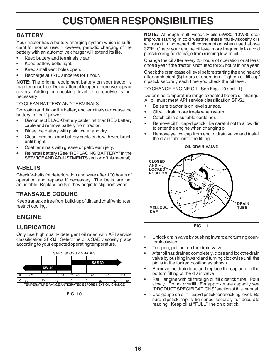 Customer responsibilities, Engine, Lubrication | V-belts, Transaxle cooling, Battery | Weed Eater 182983 User Manual | Page 16 / 48