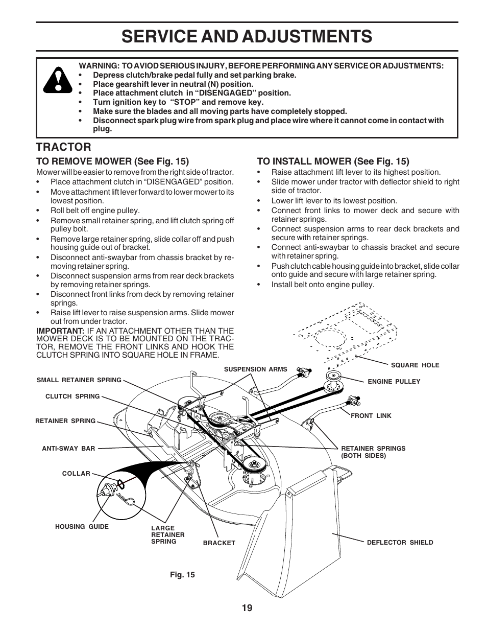 Service and adjustments, Tractor | Weed Eater 182983 User Manual | Page 19 / 48
