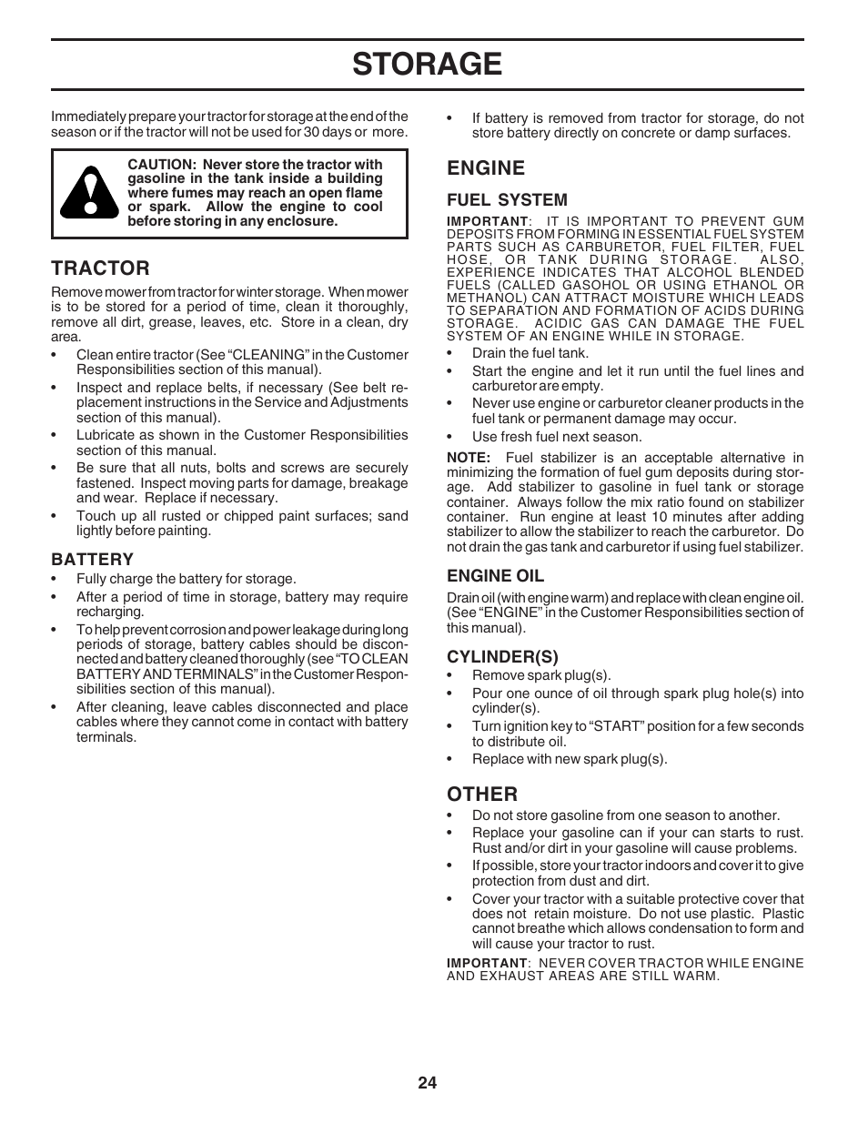 Storage, Tractor, Engine | Other | Weed Eater 182983 User Manual | Page 24 / 48