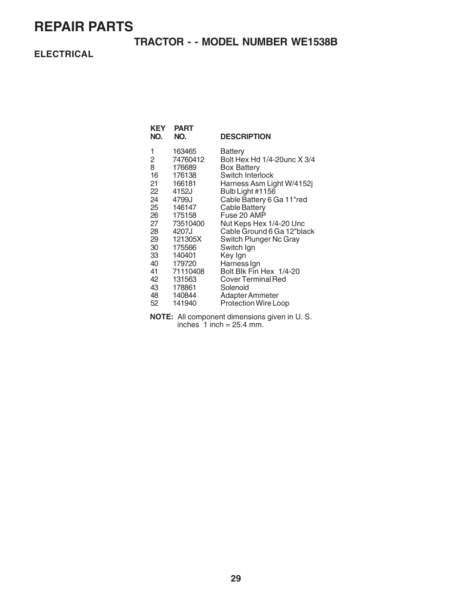 Repair parts, Tractor - - model number we1538b | Weed Eater 182983 User Manual | Page 29 / 48