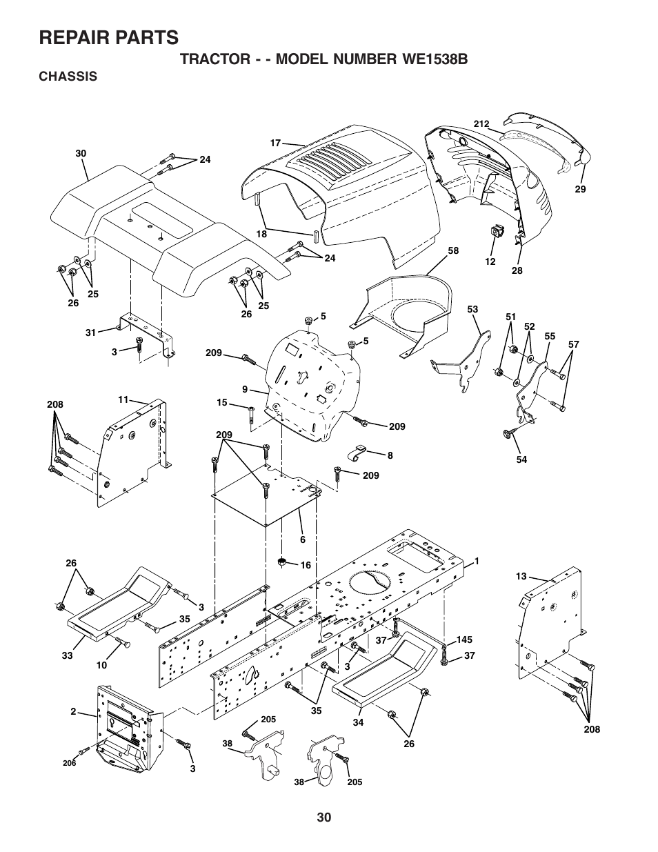 Repair parts, Tractor - - model number we1538b, Chassis | Weed Eater 182983 User Manual | Page 30 / 48