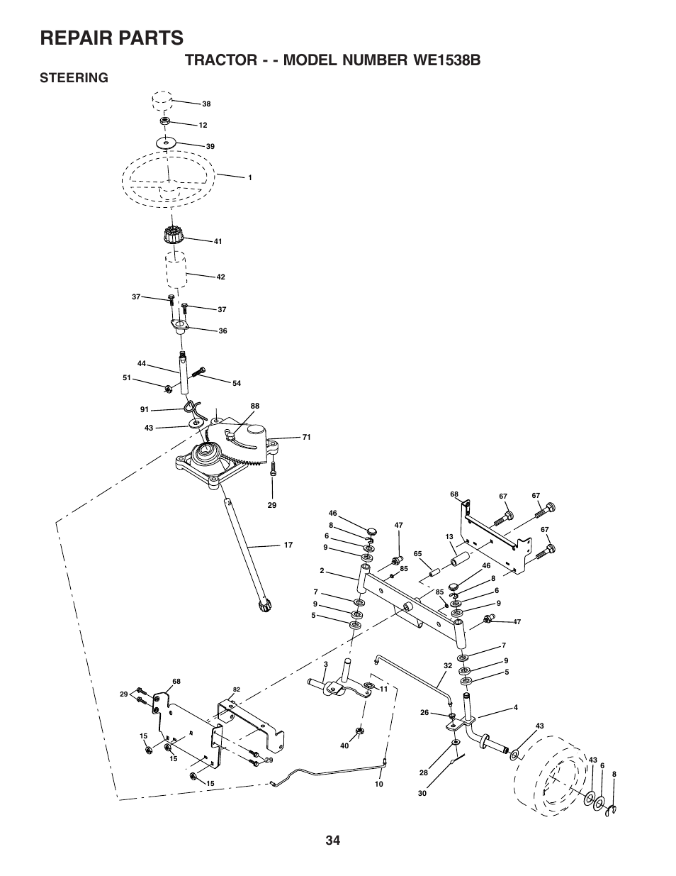 Repair parts, Tractor - - model number we1538b, Steering | Weed Eater 182983 User Manual | Page 34 / 48