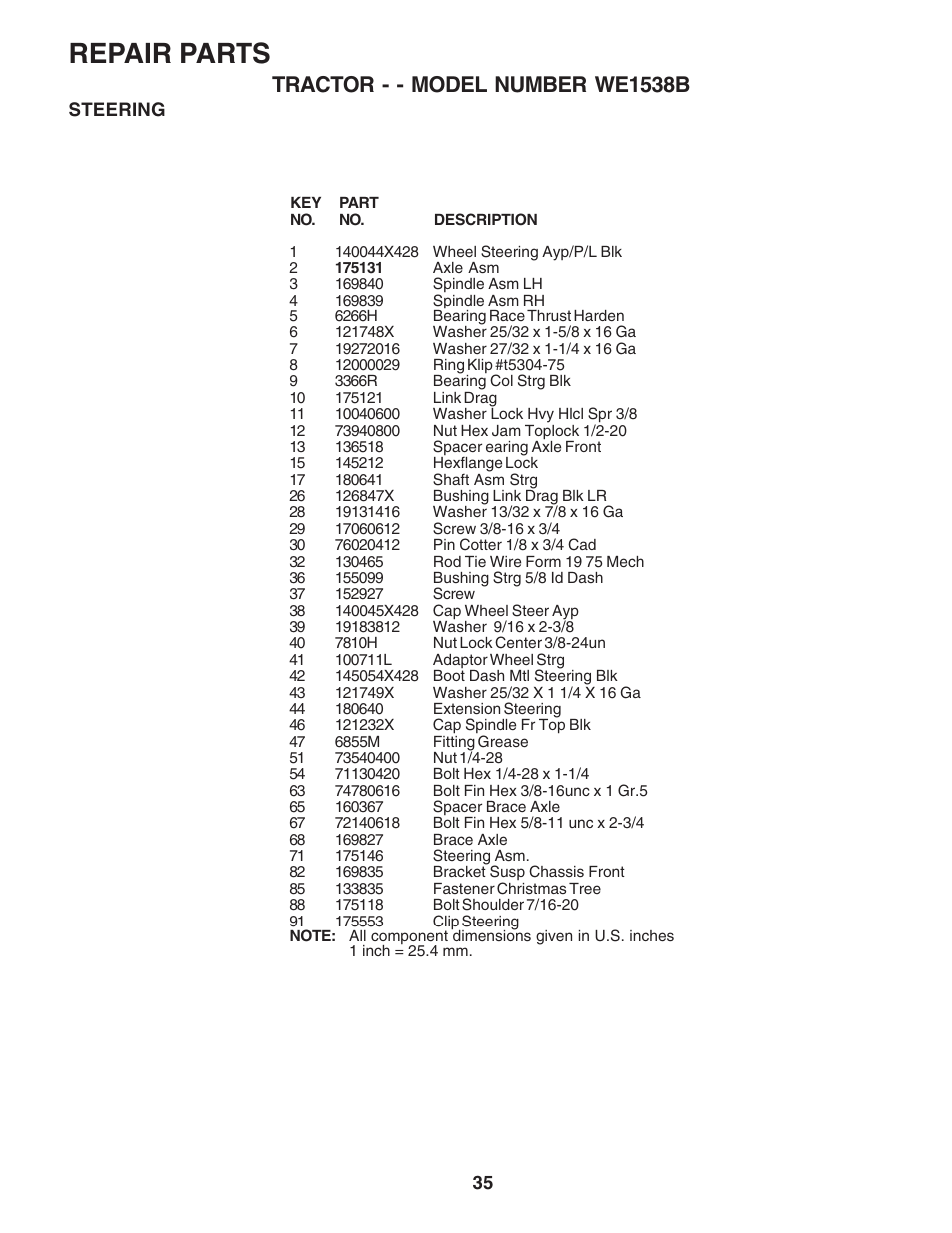 Repair parts, Tractor - - model number we1538b | Weed Eater 182983 User Manual | Page 35 / 48