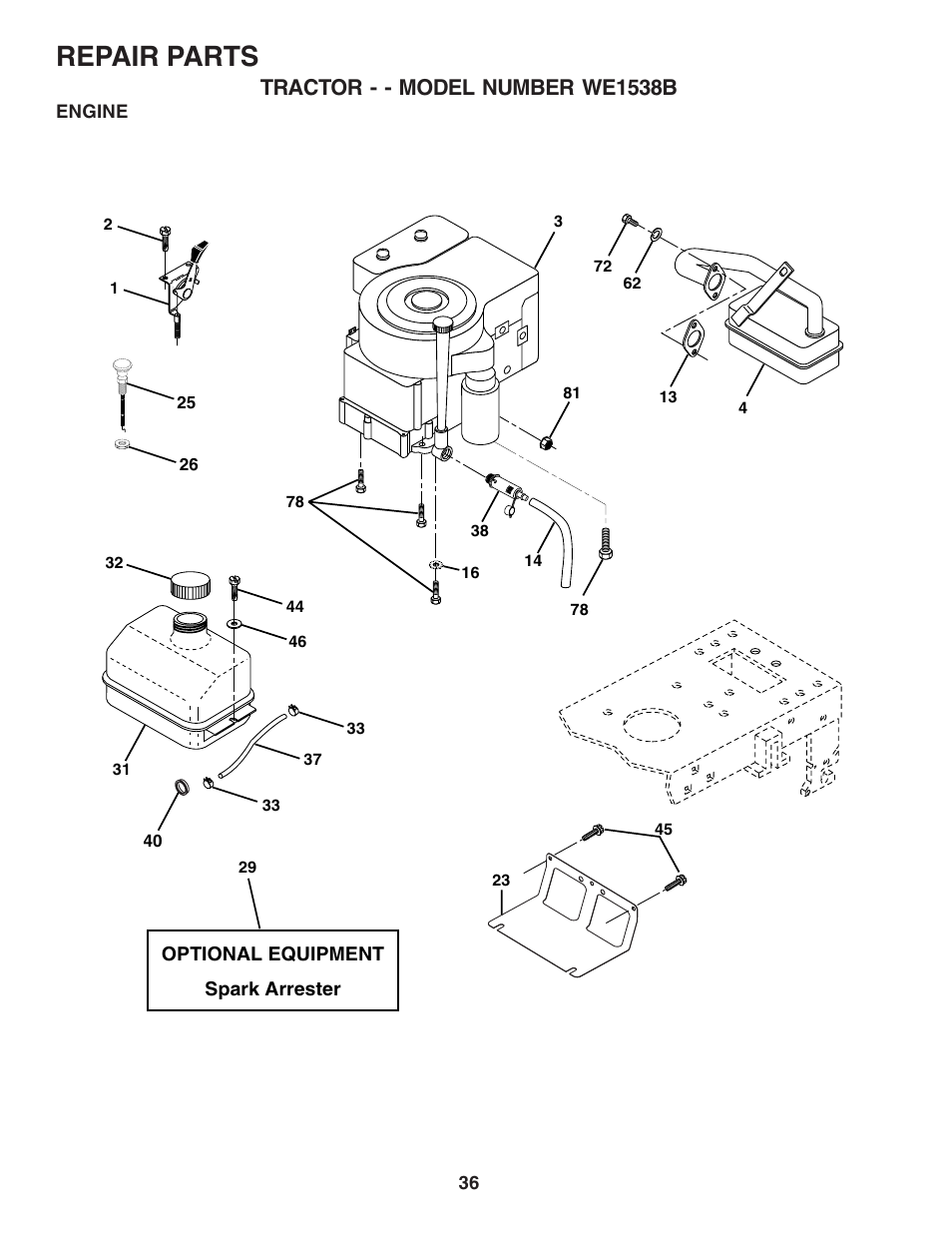 Repair parts, Tractor - - model number we1538b | Weed Eater 182983 User Manual | Page 36 / 48
