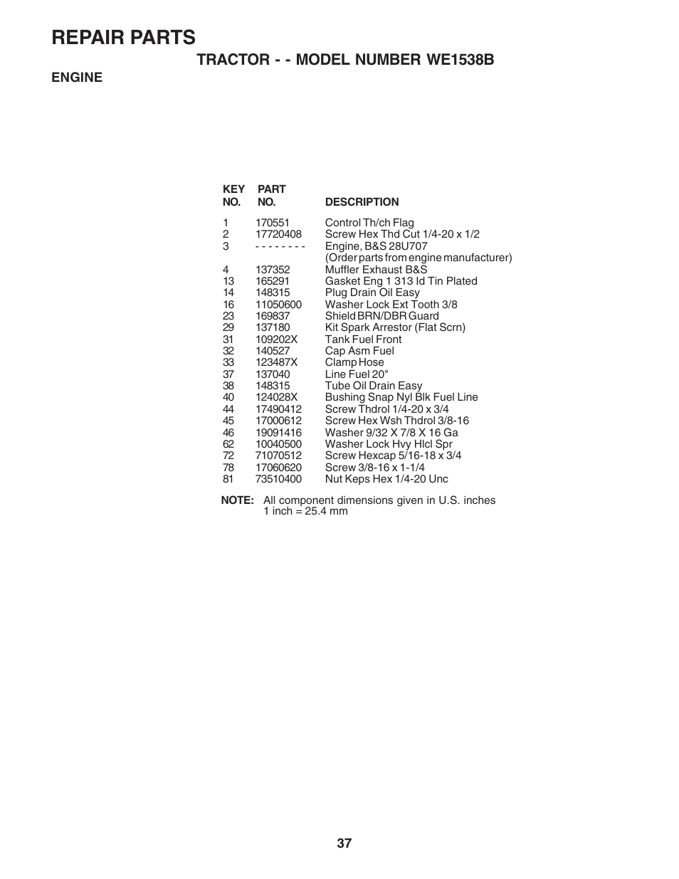 Repair parts, Tractor - - model number we1538b | Weed Eater 182983 User Manual | Page 37 / 48
