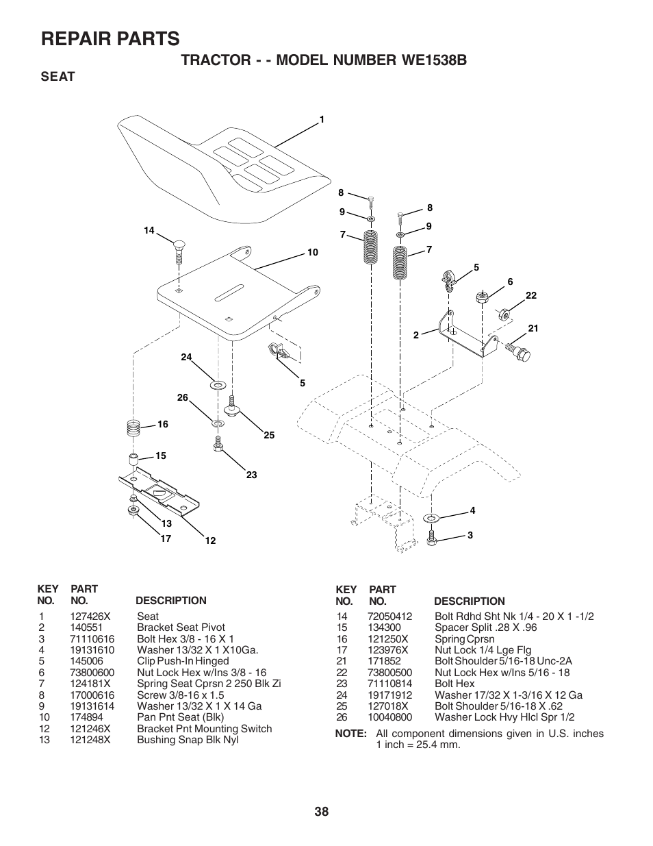 Repair parts, Tractor - - model number we1538b | Weed Eater 182983 User Manual | Page 38 / 48