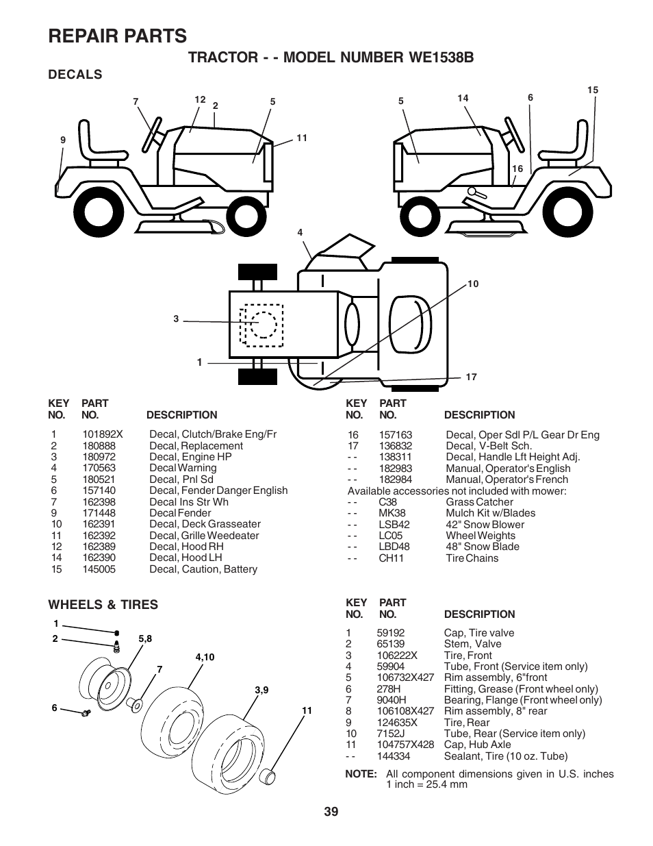 Repair parts, Tractor - - model number we1538b | Weed Eater 182983 User Manual | Page 39 / 48