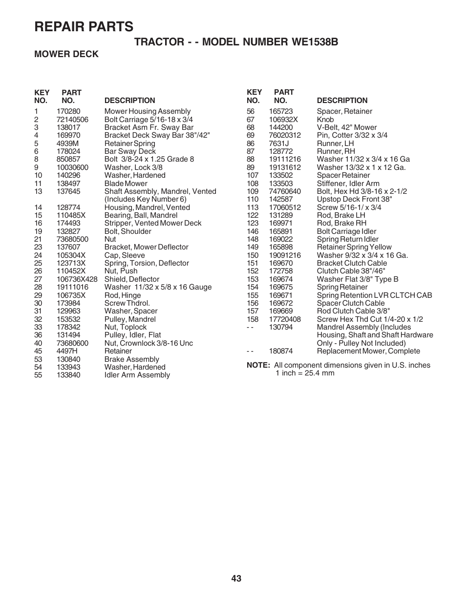 Repair parts, Tractor - - model number we1538b | Weed Eater 182983 User Manual | Page 43 / 48