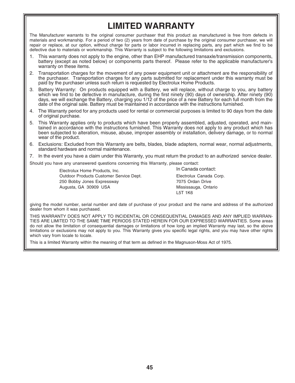 Limited warranty | Weed Eater 182983 User Manual | Page 45 / 48