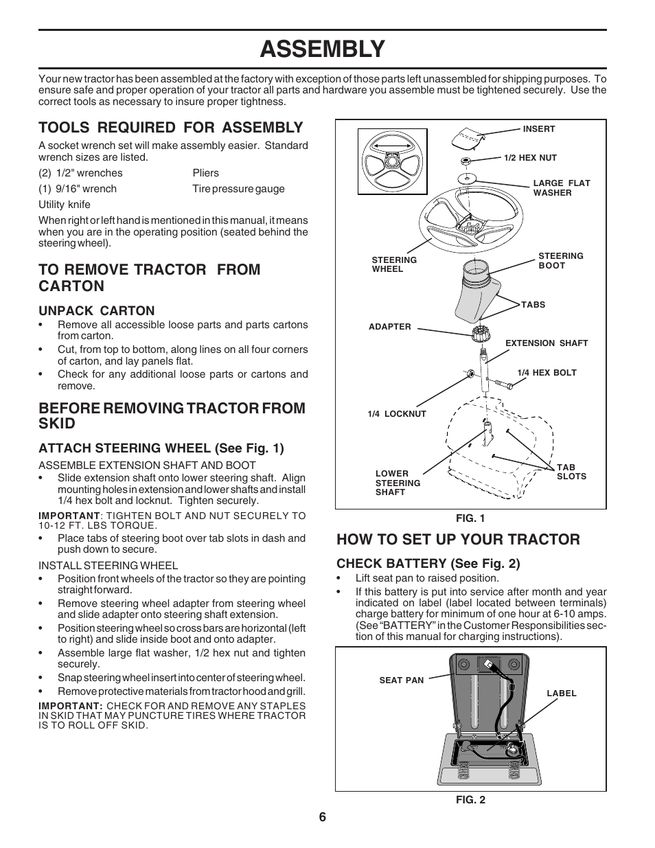 Assembly, Tools required for assembly, Before removing tractor from skid | How to set up your tractor | Weed Eater 182983 User Manual | Page 6 / 48