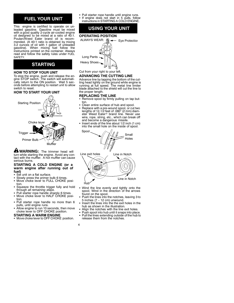 Fuel your unit, Starting, Using your unit | Weed Eater 530088828 User Manual | Page 4 / 7