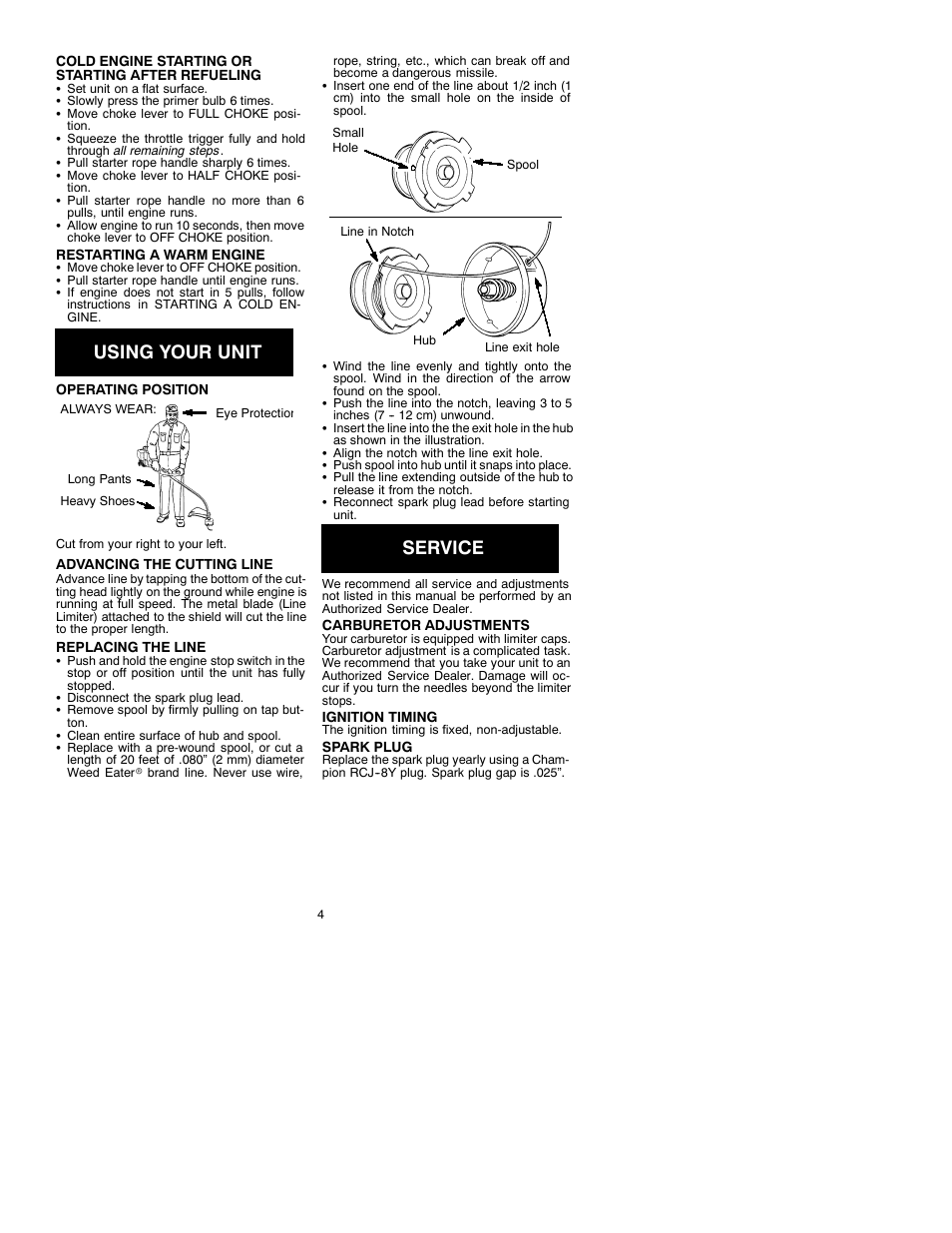 Using your unit, Service | Weed Eater 530087727 User Manual | Page 4 / 6