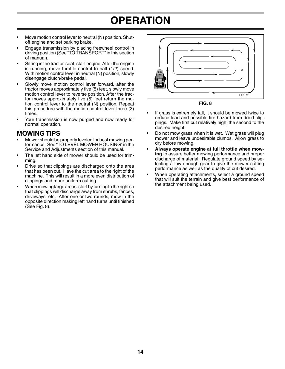 Operation, Mowing tips | Weed Eater WET17H42STA User Manual | Page 14 / 44