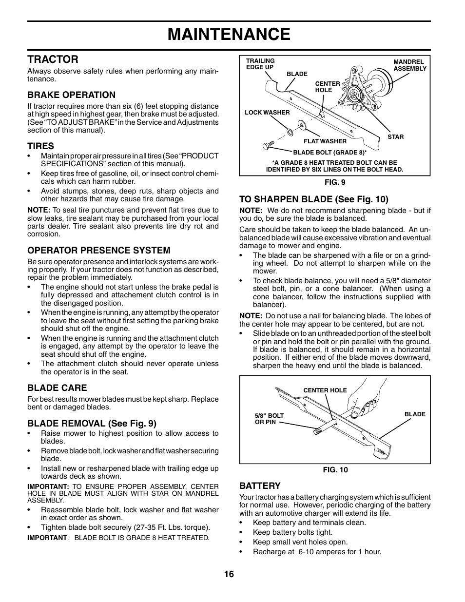 Maintenance, Tractor | Weed Eater WET17H42STA User Manual | Page 16 / 44