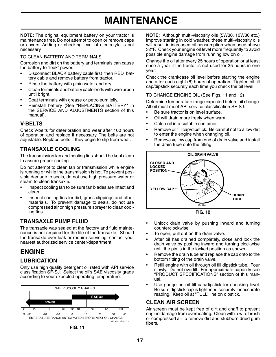 Maintenance, Engine, V-belts | Transaxle cooling, Transaxle pump fluid, Lubrication, Clean air screen | Weed Eater WET17H42STA User Manual | Page 17 / 44