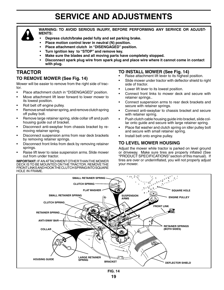 Service and adjustments, Tractor | Weed Eater WET17H42STA User Manual | Page 19 / 44