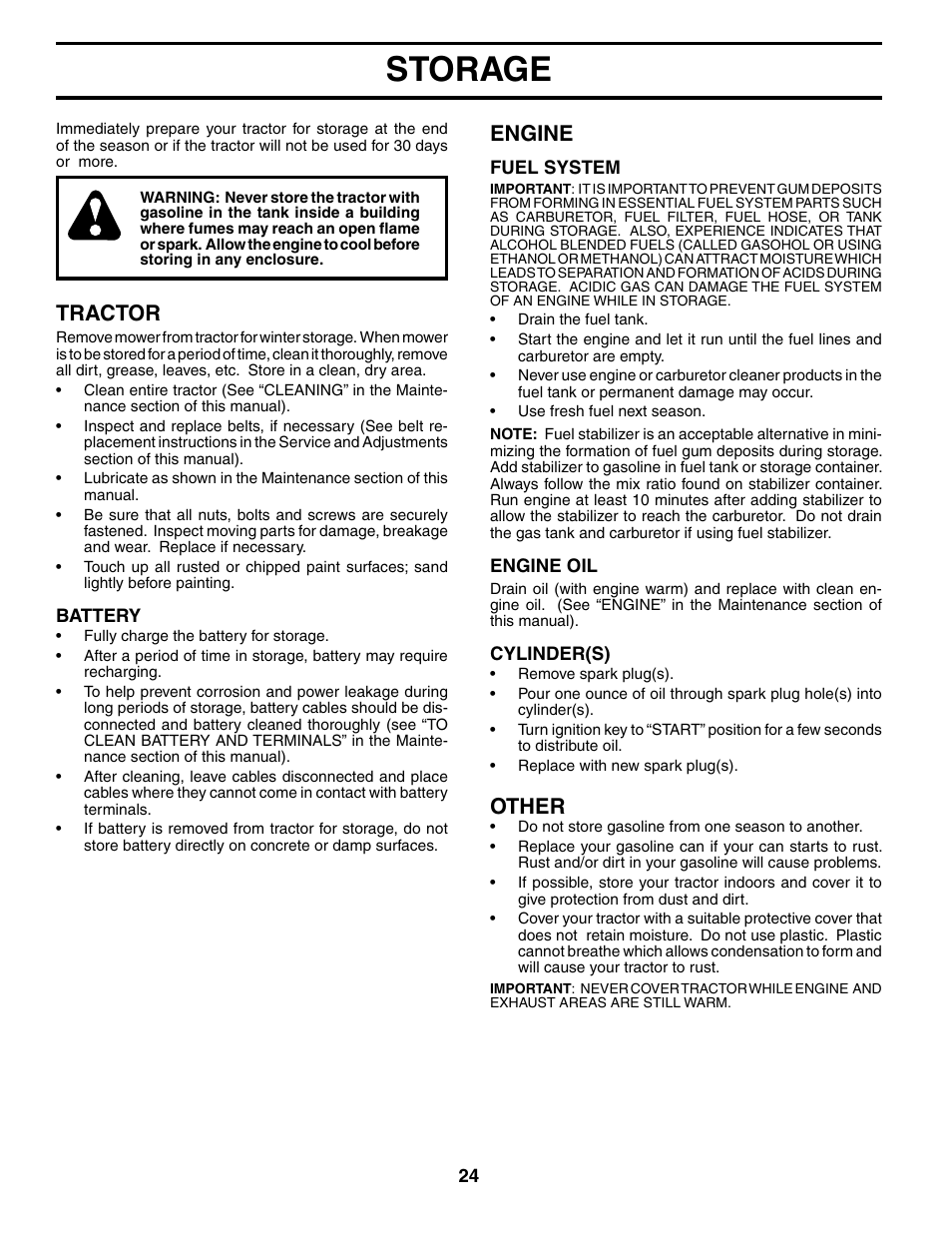 Storage, Tractor, Engine | Other | Weed Eater WET17H42STA User Manual | Page 24 / 44