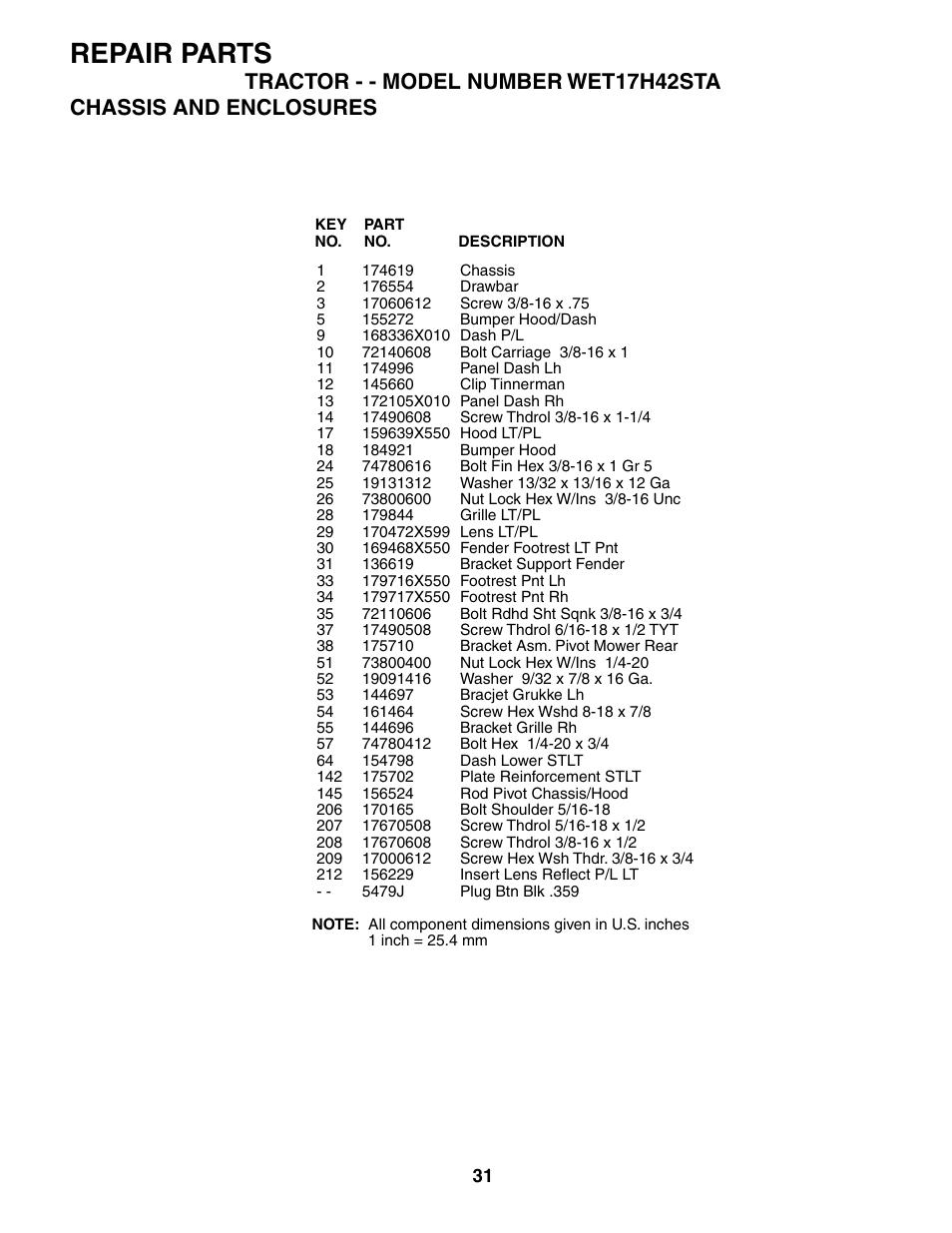 Repair parts | Weed Eater WET17H42STA User Manual | Page 31 / 44