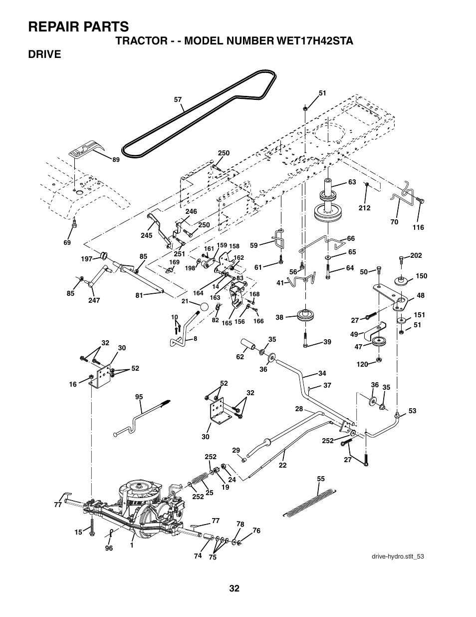 Repair parts, Tractor - - model number wet17h42sta drive | Weed Eater WET17H42STA User Manual | Page 32 / 44