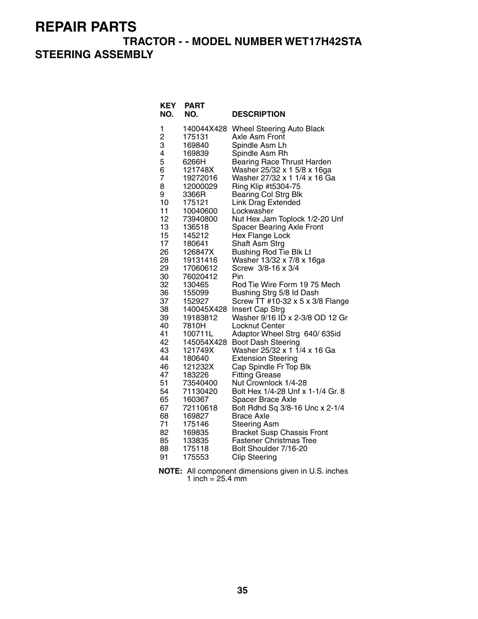 Repair parts | Weed Eater WET17H42STA User Manual | Page 35 / 44