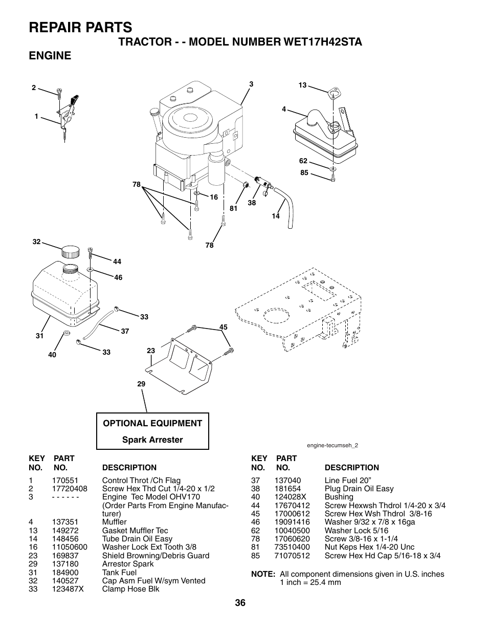 Repair parts, Tractor - - model number wet17h42sta engine | Weed Eater WET17H42STA User Manual | Page 36 / 44