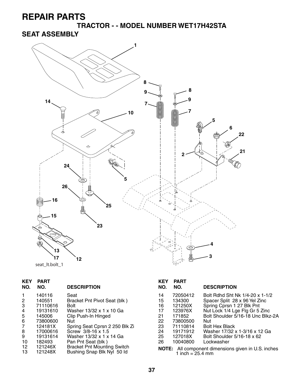 Repair parts, Tractor - - model number wet17h42sta seat assembly | Weed Eater WET17H42STA User Manual | Page 37 / 44